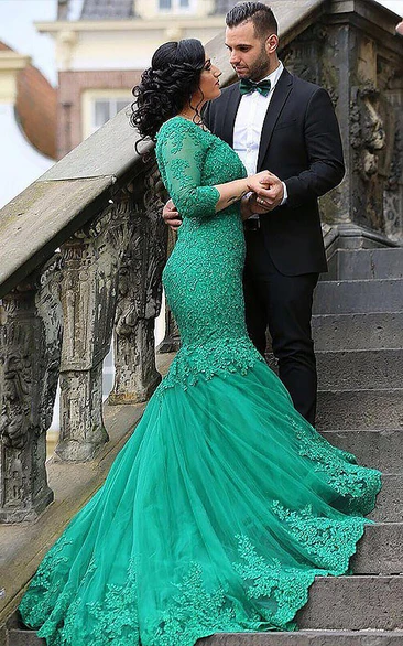 V-neck Lace Tulle Mermaid Prom Dress with 3/4 Length Sleeves