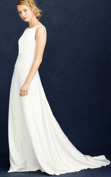 Satin Chiffon Sheath Wedding Dress with Scoop Neck and Sleeveless Design