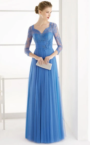 Lace V-neck Tulle Prom Dress with 3/4 Sleeves Prom Dress