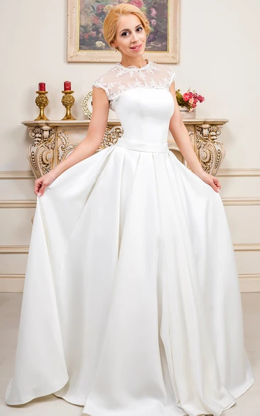 Appliqued Satin High-Neck Wedding Dress Floor-Length Cap-Sleeve