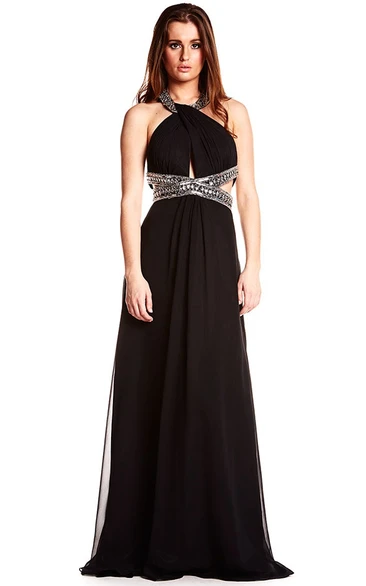 Chiffon Backless Prom Dress Sleeveless Beaded Halter