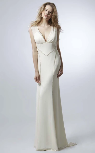 Sleeveless V-Neck Chiffon Wedding Dress with Low-V Back Flowy Sheath Style