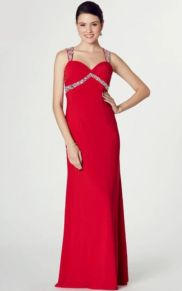 Strapped Sleeveless Floor-Length Jersey Prom Dress with Beads and Keyhole