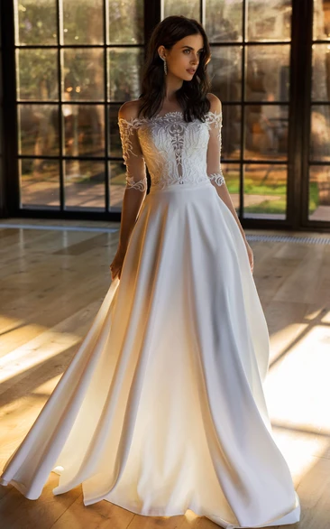 Elegant Satin Lace Off-the-shoulder Wedding Dress A-line Sweep Train