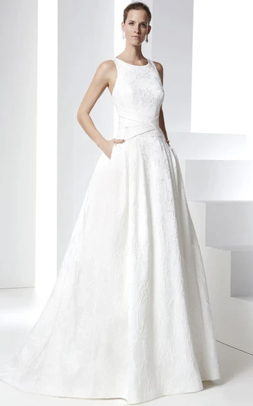 Lace Scoop Neck Wedding Dress with Straps and Sweep Train Romantic Bridal Gown