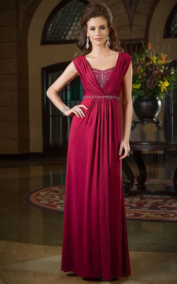 Floor-Length Mother of the Bride Dress with Jewels and Cap Sleeves Elegant Formal Dress