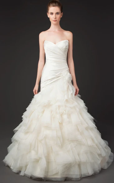 Sweetheart Mermaid Tulle Wedding Dress with Cascading Ruffles and Criss Cross