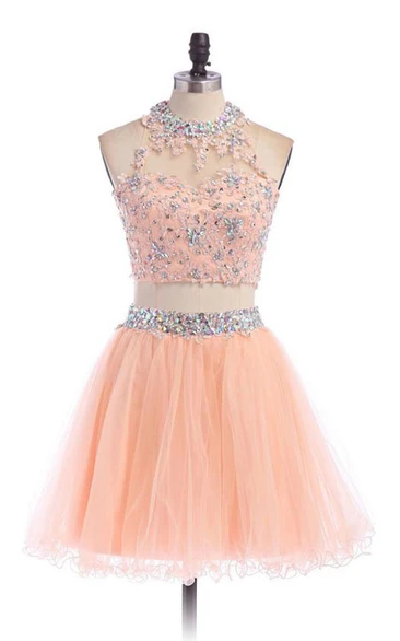 A-line High Neck Tulle Dress with Beadings Modern & Short