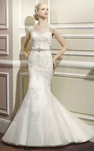 Cap-Sleeve Trumpet Lace Wedding Dress with Waist Jewelry and Low V-Back