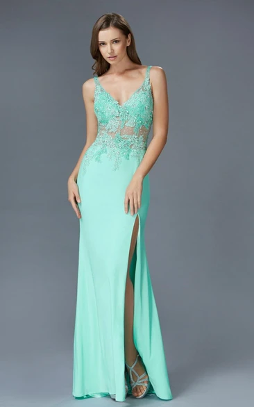 Sleeveless Sheath Jersey Formal Dress with Appliques and Split Front