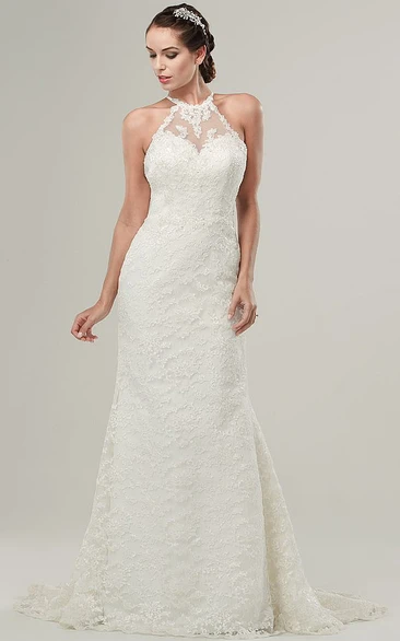 Illusion Long Lace Wedding Dress with High Neck & Sweep Train