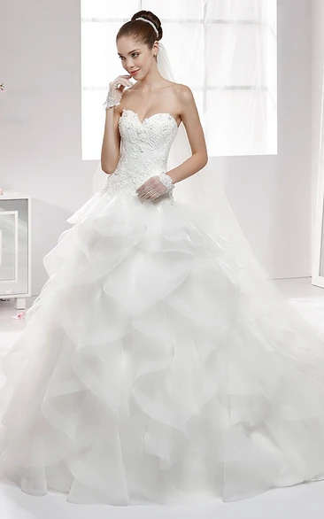 Cascading Ruffles Sweetheart A-Line Wedding Dress with Lace Appliqued Corset