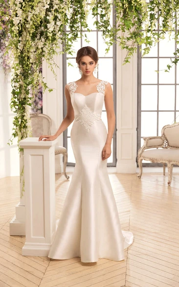 Mermaid Satin Wedding Dress with Illusion Scoop Neckline and Appliques