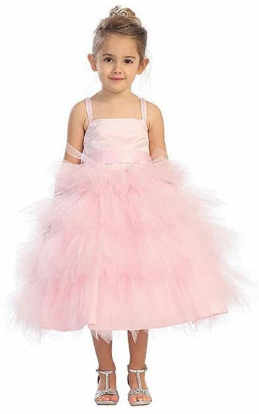 Beaded Tulle and Satin Flower Girl Dress with Spaghetti Straps Tea-Length