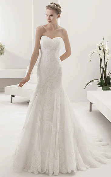 Lace Mermaid Wedding Dress with Criss-Cross Sweetheart and Pleated Skirt