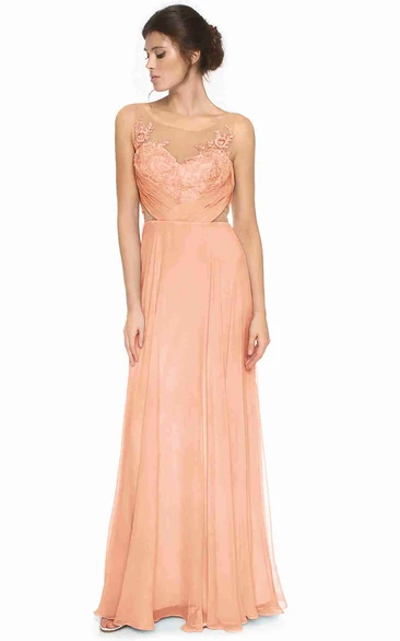 Tulle Appliqued Bridesmaid Dress with Low-V Back Sleeveless Scoop Neck