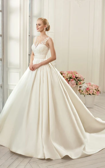 Satin Ball Gown Wedding Dress with Deep-V-Back and Appliques