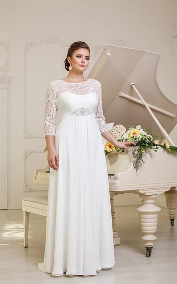 Beaded A-Line Empire Jewel-Neck Illusion-Sleeve Wedding Dress