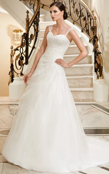 Beaded A-Line Tulle & Satin Wedding Dress with Draping Elegant Sleeveless Gown