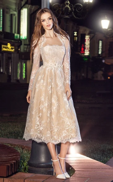 Tea-Length Lace Illusion Formal Dress with Strapless Neckline Long Sleeves and Pleats