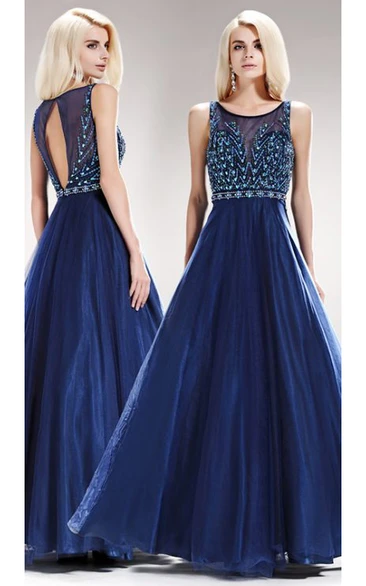 Maxi Satin A-Line Dress with Beading and Keyhole for Bridesmaids