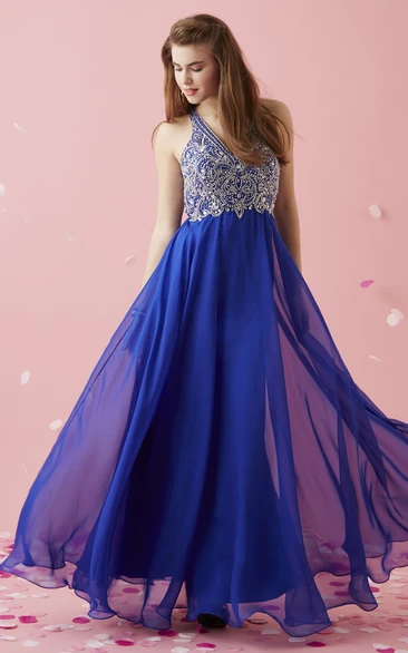 Floor-Length Chiffon Straps Formal Dress with Beading and V-Neck