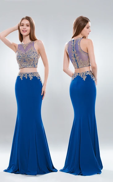 Mermaid Maxi High Neck Sleeveless Jersey Dress with Appliques Prom Dress