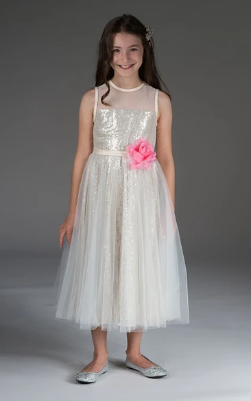 Tulle Tea Length Flower Girl Dress with Waist Flower Elegant Wedding Dress