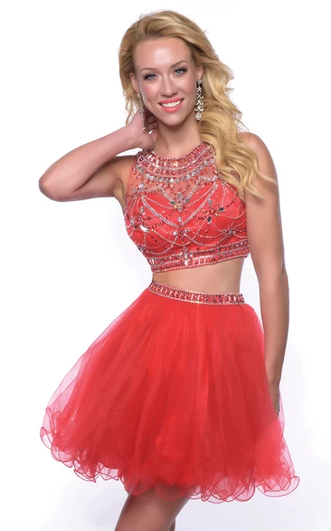 Glimmering Bodice Two-Piece Jewel Neck Sleeveless Short Tulle Homecoming Dress