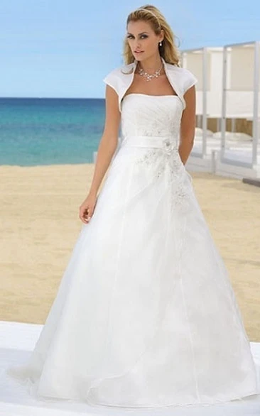 Organza A-Line Wedding Dress with Cap Sleeves Cape and Side Draping