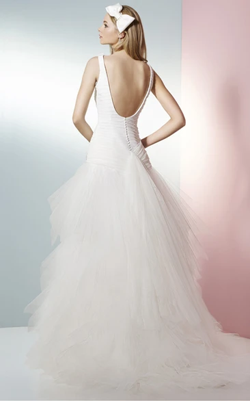 Square Neck Cascading-Ruffle Tulle A-Line Wedding Dress with Sleeveless and Floor-Length