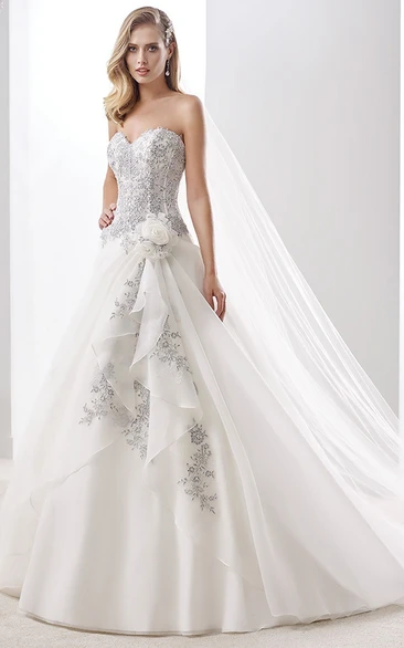 A-Line Beaded Wedding Dress with Side Draping and Lace-Up Back Sweetheart