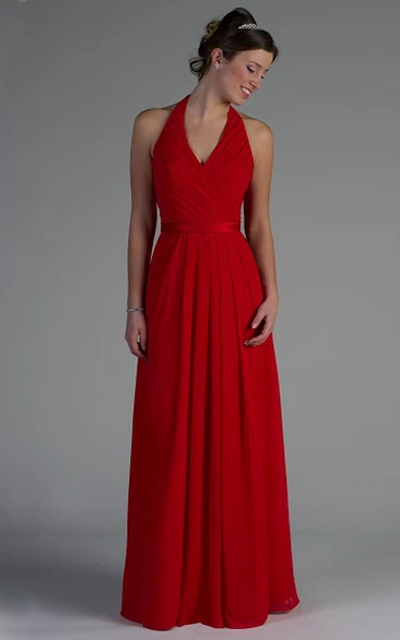 Pleated A-Line Chiffon Bridesmaid Dress with Satin Sash Halter Neck