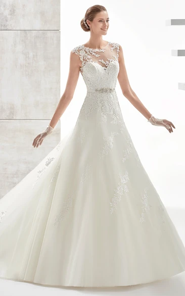 Beaded Belt Illusive A-Line Wedding Dress Jewel-Neck Style