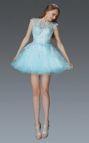 Short Tulle Cap-Sleeve A-Line Dress with Appliques and Beading Prom Dress