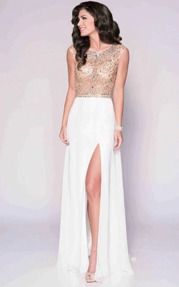 Chiffon Cap Sleeve Prom Dress with Beaded Bodice Keyhole Back and Bateau Neck