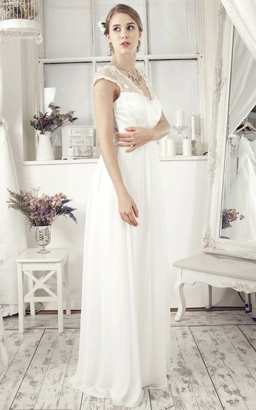 Embroidered V-Neck Chiffon Sheath Wedding Dress with Cap-Sleeves