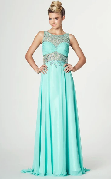 Ruched Sleeveless Chiffon Prom Dress with Beading Flowy Prom Dress