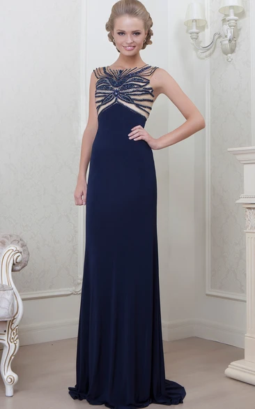 Long Sleeveless Bateau-Neck A-Line Prom Dress