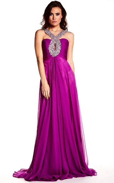 Floor-Length Strappy Sleeveless Chiffon Prom Dress with Beading Flowy Prom Dress