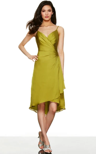 Ruched Spaghetti Jersey Bridesmaid Dress High-Low with Draping