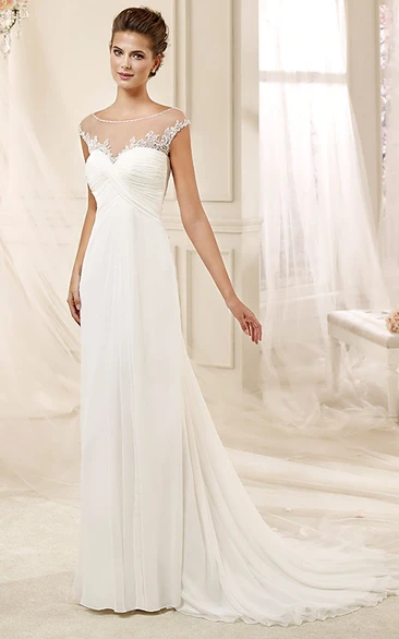 Pleated Bust Chiffon Wedding Dress with Jewel Neckline and Illusive Design