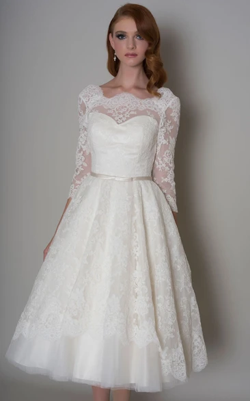 Half-Sleeve Knee-Length A-Line Lace Wedding Dress with Bateau-Neck