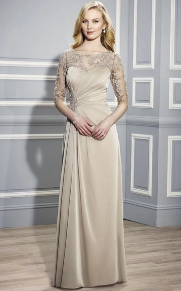 Bateau Neck Chiffon Formal Dress with Half Sleeves and Appliques