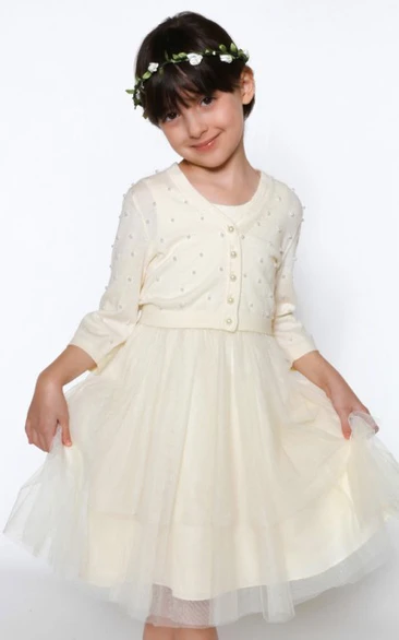 Long Sleeve Tulle Flower Girl Dress with Pleats A-Line Scoop Neck Jacket