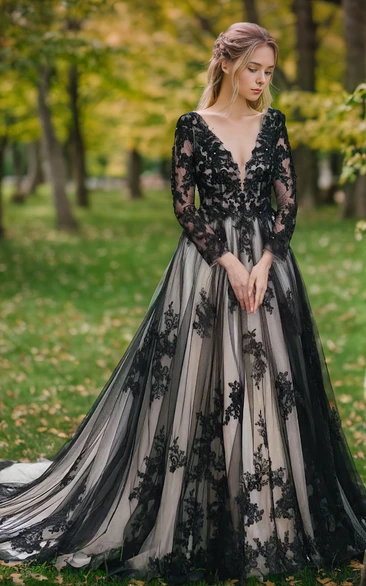 A-line Sexy Deep-V Open Back Elegant Long Sleeve Black Tulle Lace Applique Garden Court Train Wedding Gown