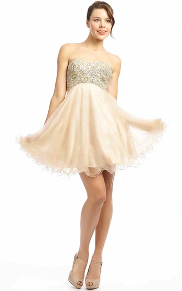 Sweetheart Beaded Tulle Mini A-Line Prom Dress Casual Prom Dress Women