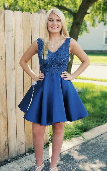 A Line Satin V-neck Homecoming Dress with Appliques and Open Back Satin V-neck Homecoming Dress with Appliques and Open Back in A-line