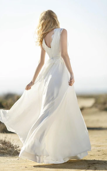 Boho Lace Bodice Chiffon Dress V-Neck Sleeveless Beach Wedding Dress