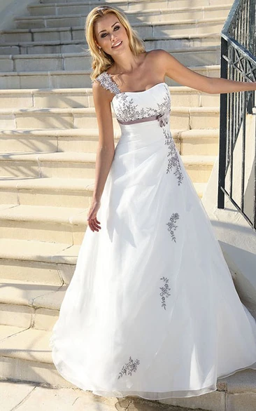 One-Shoulder Satin Wedding Dress with Ribbon Long Appliqued Bridal Gown